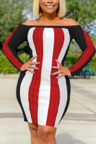 Red Sexy Striped Print Split Joint Bateau Neck Long Sleeve Mini Pencil Skirt Dresses