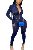 Blue Fashion Sexy Adult Nylon Solid Patchwork O Neck Skinny Jumpsuits