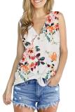 White V Neck Sleeveless asymmetrical Print Button Floral Sweaters & Cardigans