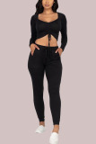 Black Fashion Sexy Casual Blends Solid Draw String Fold Square Collar Long Sleeve Cap Sleeve Two Pieces