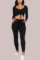 Black Fashion Sexy Casual Cotton Blends Solid Draw String Fold Square Collar Long Sleeve Cap Sleeve Two Pieces