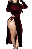 Wine Red Fashion Casual Adult Solid Hollowed Out Patchwork O Neck Long Sleeve Mid Calf Long Sleeve Dress Dresses