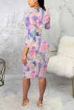 Multi-color Sexy Polyester Tie Dye Split Joint O Neck Long Sleeve Knee Length Long Sleeve Dress Dresses