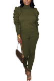Army Green Fashion Casual Adult Solid Fold O Neck Long Sleeve Hubble-Bubble Sleeve Regular Two Pieces