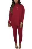 Wine Red Fashion Casual Adult Solid Patchwork O Neck Long Sleeve Regular Sleeve Regular Two Pieces
