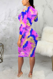 purple Sexy Polyester Tie Dye Split Joint O Neck Long Sleeve Knee Length Long Sleeve Dress Dresses