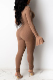 Coffee Sexy Solid Bandage Split Joint O Neck Jumpsuits
