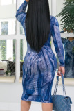 Blue Casual Twilled Satin Print O Neck Long Sleeve Knee Length Pencil Skirt Dresses