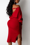 Red Fashion Adult Elegant Pit Article Fabrics Solid Bandage Backless V Neck Long Sleeve Mid Calf Pencil Skirt Dresses