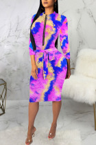 purple Sexy Polyester Tie Dye Split Joint O Neck Long Sleeve Knee Length Long Sleeve Dress Dresses
