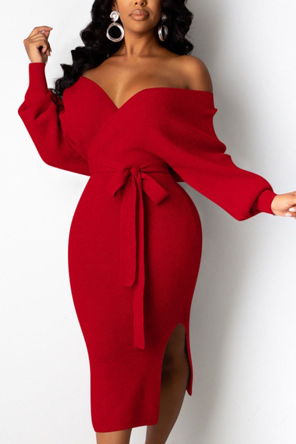 Red Fashion Adult Elegant Pit Article Fabrics Solid Bandage Backless V Neck Long Sleeve Mid Calf Pencil Skirt Dresses