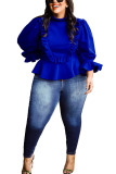 Royal blue Fashion Casual Adult Solid Split Joint Flounce O Neck Tops