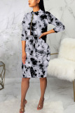 Black White Sexy Polyester Tie Dye Split Joint O Neck Long Sleeve Knee Length Long Sleeve Dress Dresses