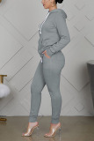 Grey Sportswear Solid Patchwork Hooded Collar Long Sleeve Regular Sleeve Regular Two Pieces