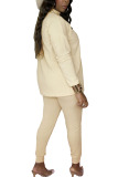 Beige Fashion Casual Adult Solid Patchwork O Neck Long Sleeve Regular Sleeve Regular Two Pieces