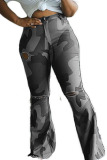 Grey Sexy Camouflage Print Ripped Fold Straight Bottoms