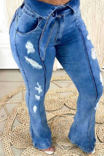 Blue Daily Solid Ripped Boot Cut Denim