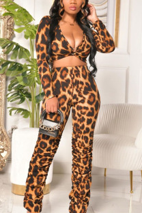 Leopard print Sexy Polyester Leopard Split Joint V Neck Long Sleeve Regular Sleeve Short Two Pieces