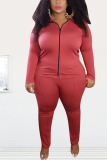 Red Fashion Street Adult Solid Patchwork O Neck Plus Size 