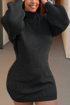 Black Fashion Celebrities Adult Solid Pullovers Turtleneck Long Sleeve Knee Length Pencil Skirt Dresses