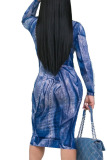 Blue Casual Twilled Satin Print O Neck Long Sleeve Knee Length Pencil Skirt Dresses