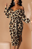 Orange Sexy Adult Print Leopard Backless Strapless Long Sleeve Mid Calf Pencil Skirt Dresses