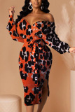 Orange Sexy Adult Print Leopard Backless Strapless Long Sleeve Mid Calf Pencil Skirt Dresses