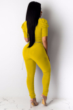 Yellow Fashion Light Solid Draped Patchwork Polyester Half Sleeve V Neck  Jumpsuits