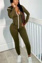 Olive green Street Solid Hooded Collar Skinny Jumpsuits
