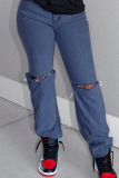 Dark Blue Casual Solid Ripped Mid Waist Straight Jeans
