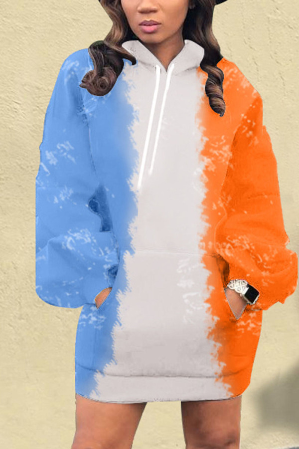 Orange Casual Print Hooded Collar Long Sleeve Mini Straight Dresses