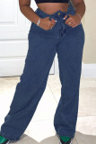 Baby Blue Casual Solid Buttons Mid Waist Straight Denim