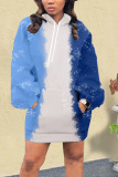 Baby Blue Casual Print Hooded Collar Long Sleeve Mini Straight Dresses