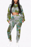 Green Fashion Casual Adult Twilled Satin Patchwork Tie-dye O Neck Long Sleeve Regular Sleeve Short Two Pieces