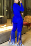 Blue Elegant Twilled Satin Solid Tassel V Neck Skinny Jumpsuits