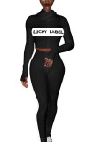 Black Casual Letter Print Embroidered Patchwork O Neck Long Sleeve Regular Sleeve Short Two Pieces