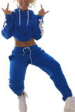 Blue Casual Solid Two Piece Suits Patchwork Straight Long Sleeve Two-piece Pants Set