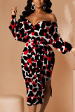Red Sexy Adult Print Leopard Backless Strapless Long Sleeve Mid Calf Pencil Skirt Dresses