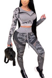 Grey Fashion Casual Adult Print Patchwork O Neck Long Sleeve Regular Sleeve Short Two Pieces