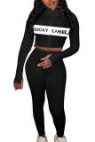 Black Casual Letter Print Embroidered Patchwork O Neck Long Sleeve Regular Sleeve Short Two Pieces