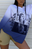 Blue Fashion Street Adult Twilled Satin Patchwork Print Patchwork Pullovers O Neck Tops