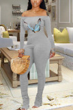 Grey Fashion Sexy Adult Print Butterfly Print Fold Bateau Neck Skinny Jumpsuits