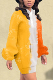 Yellow Casual Print Hooded Collar Long Sleeve Mini Straight Dresses