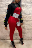 Red Fashion Sexy Adult PVC Print Patchwork Letter O Neck Long Sleeve Regular Sleeve Longer In The Rear Two Pieces