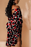 Red Sexy Adult Print Leopard Backless Strapless Long Sleeve Mid Calf Pencil Skirt Dresses