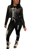 Black Fashion Sportswear Adult Print Letter Hooded Collar Long Sleeve Regular Sleeve Short Two Pieces