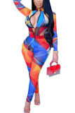 multicolor Fashion Street Adult Print Hollowed Out O Neck Long Sleeve Regular Sleeve Regular Two Pieces