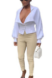 White Solid Patchwork V Neck Mid Waist Tops