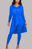 Blue Fashion Casual Milk Fiber Patchwork Solid Slit V Neck Long Sleeve Cap Sleeve Long Two Pieces