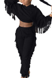 Black Casual Twilled Satin Solid Tassel Hooded Collar Long Sleeve Regular Sleeve Short Two Pieces